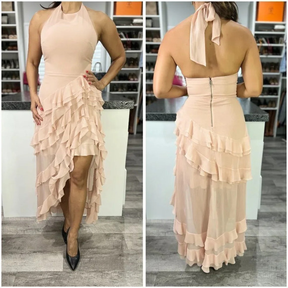Alice + Olivia Carma Blush Pink Beige Ruffled Tiered Maxi Gown $495